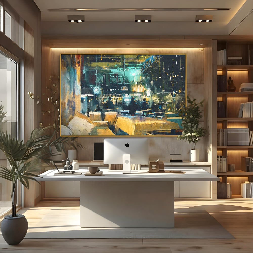 Tablou canvas cu pictura urbana cu pub luminat noaptea, in rama de aluminiu auriu, pe perete intr-un birou